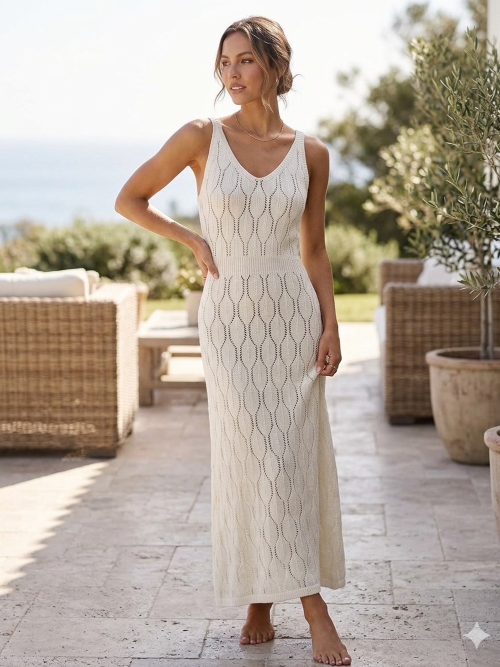 Sleeveless Cream Off White Knit V‑Neck Maxi Dress Small travel party